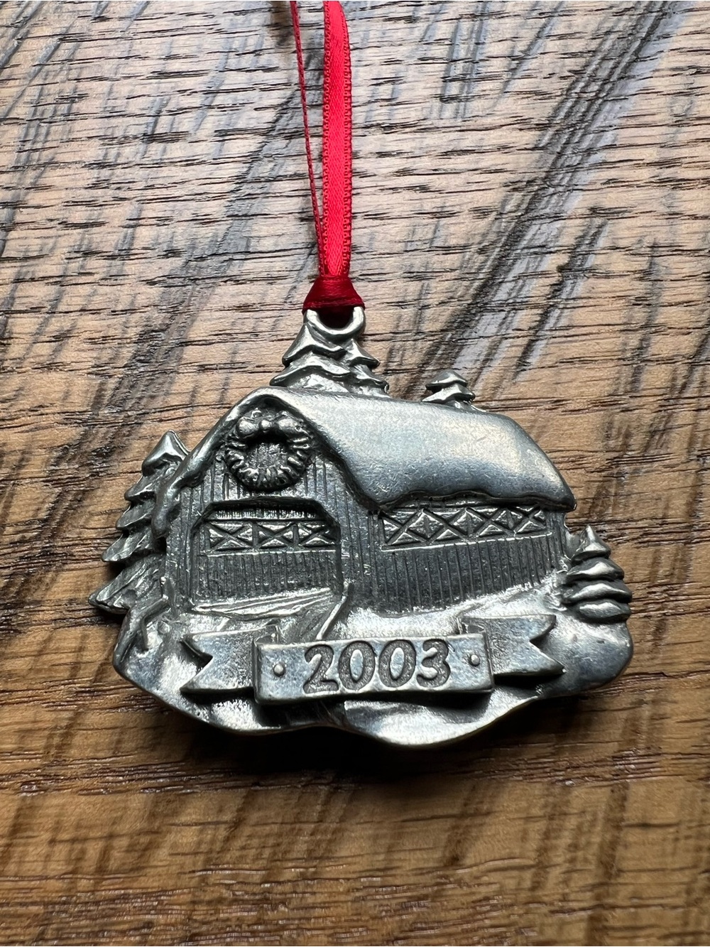 Pewter Holiday Covered Bridge Ornament - Red Ribbon